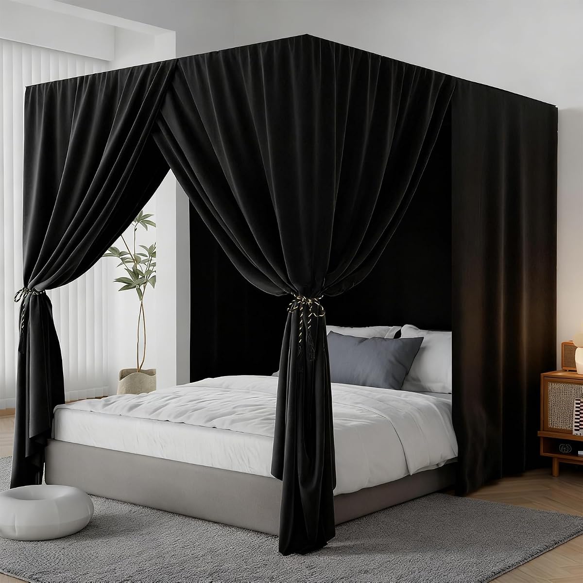 Black Canopy Bed Curtain 4 Corner Post Bed Curtains, Queen