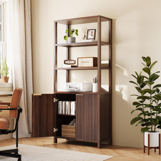 Bookcase with Fluted Doors, 71" Wood Storage Cabinet with Adjustable Shelves