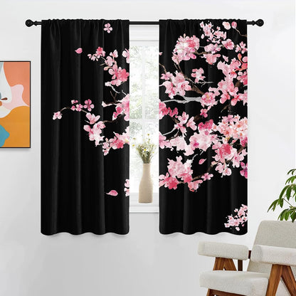 Pink Cherry Blossom Window Curtains 42" W x 63" L Black Floral Sakura Tree Japanese Anime Gothic Style Rod Pocket Drapes for Living Room Bedroom Fabric 2 Panels