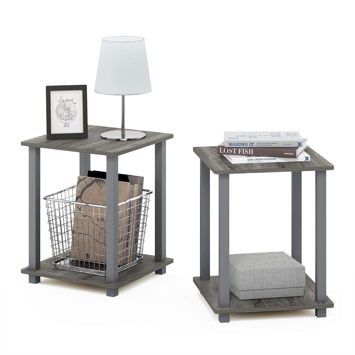 SIMPLISTIC Side Table Set of 2, 2-Tier Square Modern End Table, Nightstand, Night Stand, Bedside Table, Toolless Assembly, for Living Room, Bedroom, French Oak