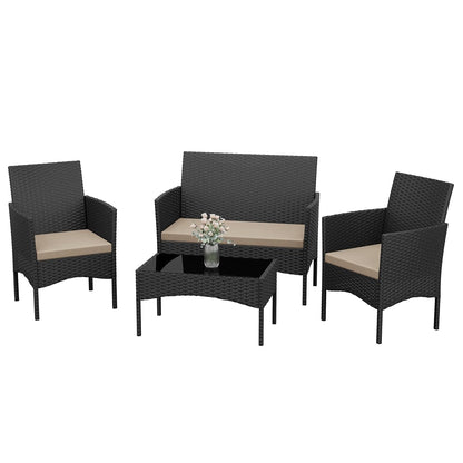 Patio Furniture Set 4 Pieces Outdoor Wicker Rattan Chairs Conversation Sets w/Coffee Table, Rocking Bistro Set, for Deck,Patio,Backyard,Lawn (Sand)