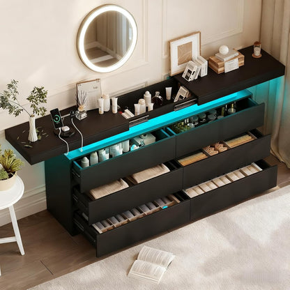 6 Drawer Dresser for Bedroom Black Dresser with Hidden Sliding Desktop
