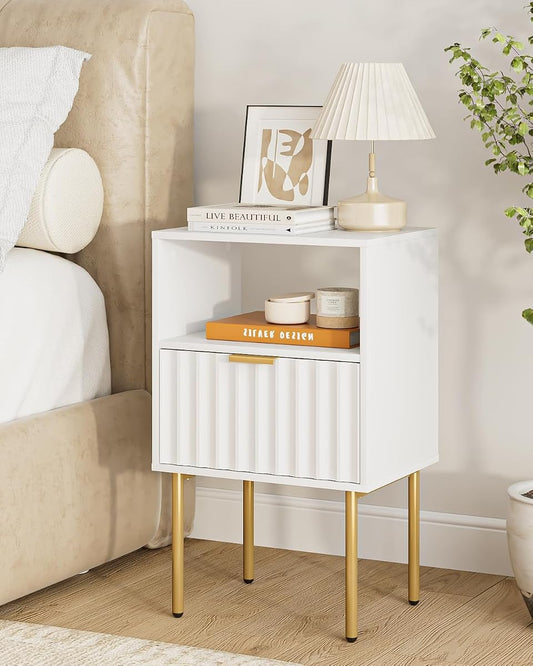 White modern nightstand with gold frame, drawer and shelf