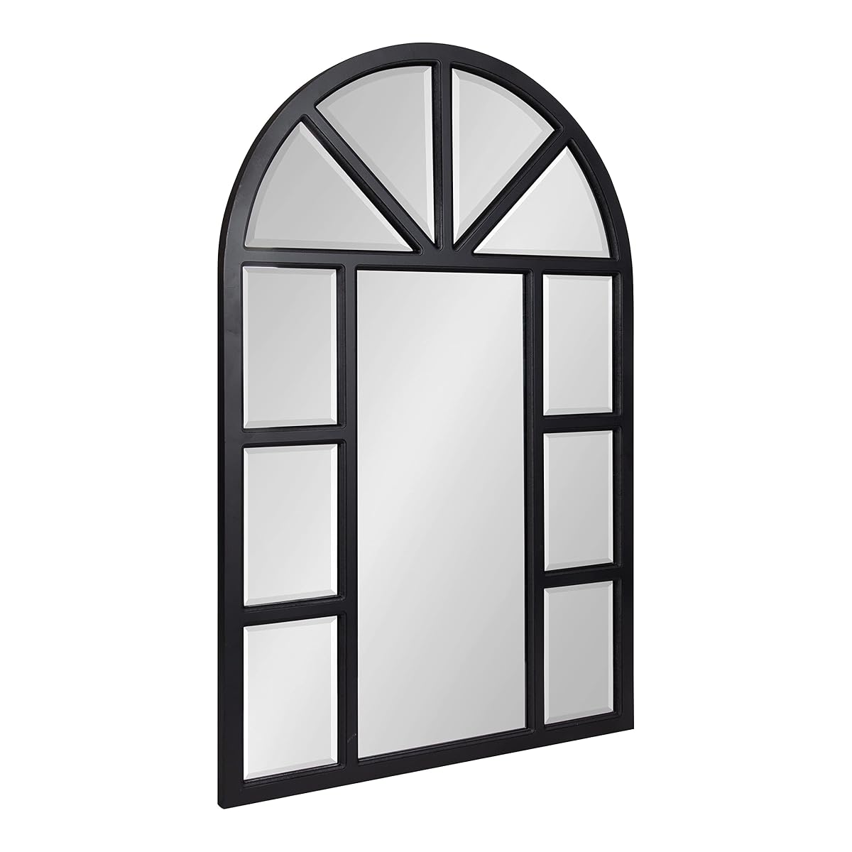 Hogan Rustic Wood Framed Arch Windowpane Wall Mirror, 24 x 36, Distressed Black, Chic Farmhouse Wall Decor