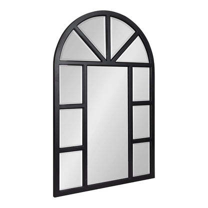 Hogan Rustic Wood Framed Arch Windowpane Wall Mirror, 24 x 36, Distressed Black, Chic Farmhouse Wall Decor