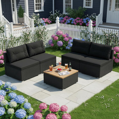 5 Pieces Wicker Patio Furniture Set, Outdoor 4 Armless Rattan Sofa & Coffee Table Set, with Cushions, Acacia Wood Tabletop, Sectional Patio Conversation Set for Lawn, Yard, Poolside, Black