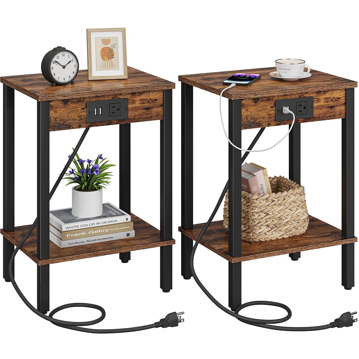 Side Table with Charging Station, Set of 2 End Tables with USB Port and Outlets, Nightstands with 2-Tier Storage Shelves, Sofa Table for Small Space, Living Room, Bedroom, Rustic Brown 102F2