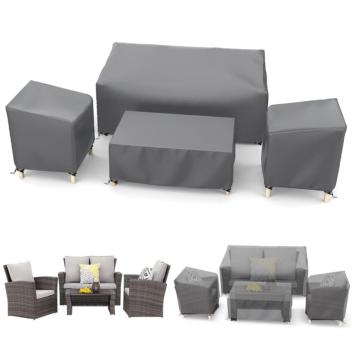 Outdoor Waterproof Patio Furniture Covers 4-Piece Set for Chairs, Loveseat and Coffee Table, Grey