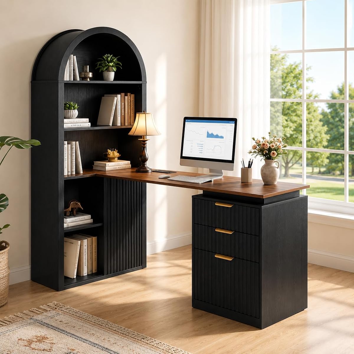 61" L Shaped Desk with Arched Bookshelf Hutch
