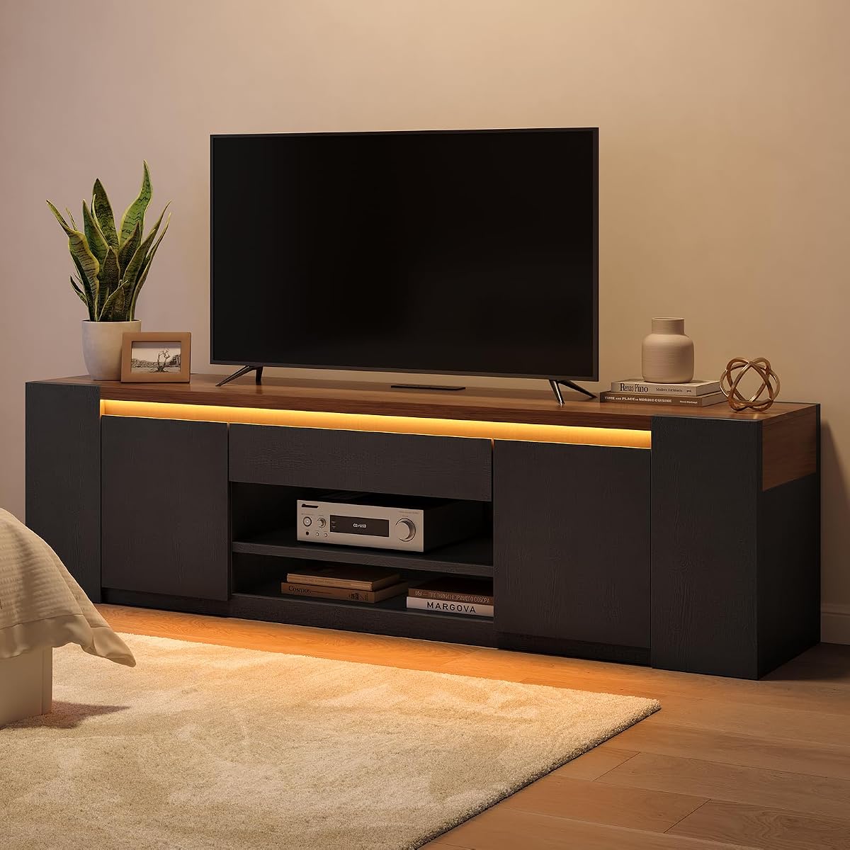 71'' Modern LED TV Stand with Storage and Charging Station (Black)