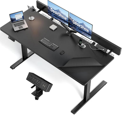 Electric Standing Desk Adjustable - 60 x 30 Inch Sit Stand Desk with Flip-Top Cable Management,Mouse Pad,Clamp Power Strip,Dual-Beam Frame,3 Memory Preset Height Adjustable for Home Office