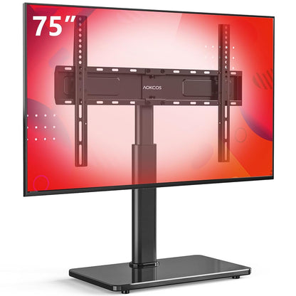 Swivel Universal TV Stand for 32-75 inch TVs with Tilt Down/Up, 8 Levels Height Adjustable Table Top TV Mount Stand with Stable Heavy Duty Tempered Glass Base, MAX VESA 600x400 mm, up to 99lbs, Black