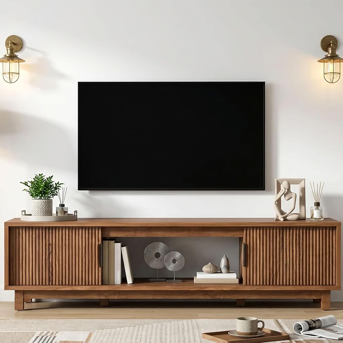 Fluted TV Stand, Mid Century Modern TV Stands for Living Room