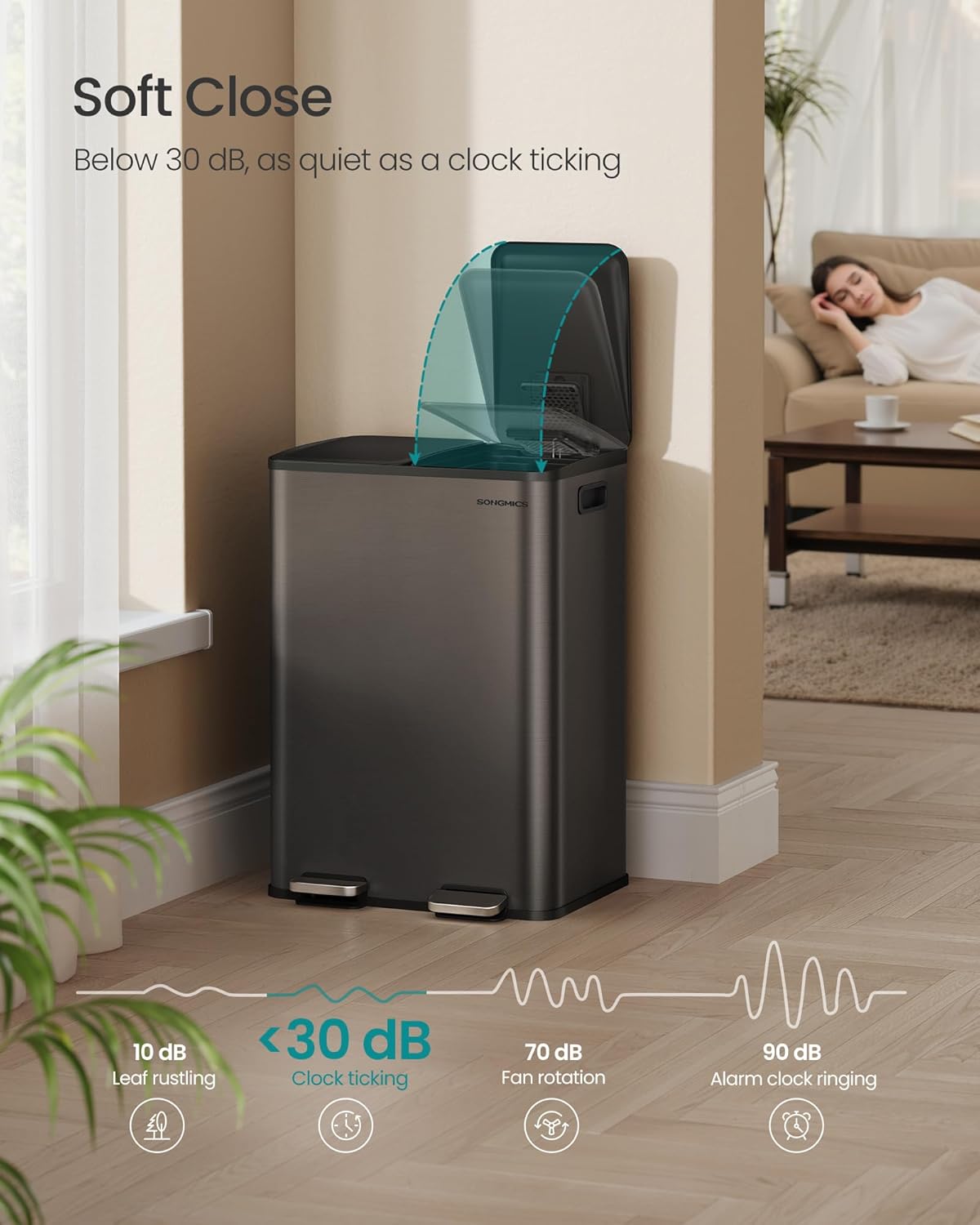 Trash Can, 2 X 8 Gallon (2 X 30 L) Dual-Compartment Garbage Can with Soft-Close Lid, Pedal and Inner Buckets, Stainless Steel, Includes 15 Liner Bags, Slate Gray ULTB741G01