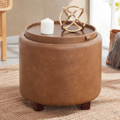 17" Round Storage Ottoman with Tray Top, Faux Leather, Mocha | Reversible Tray Lid Flips to Soft Leather Top; Ideal Foot Rest & Extra Seating for Living Room, Bedroom or Office