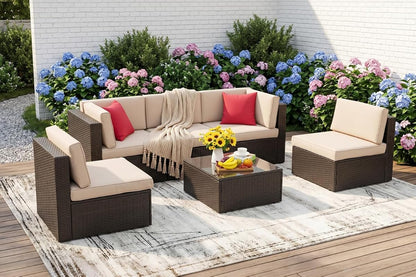 6 Pieces Patio Furniture Set, Outdoor Sectional Patio Sofa Couch, PE Wicker Rattan Patio Set with Coffee Table for Garden, Backyard, Poolside (Beige)