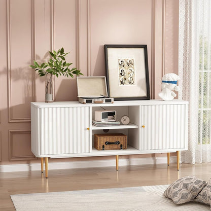 55” Fluted TV Stand, Mid Century Modern White TV Stand for 55/60/65 inch TV, Entertainment Center with Storage, Television Stands, TV Console, Media Console for Living Room, Bedroom