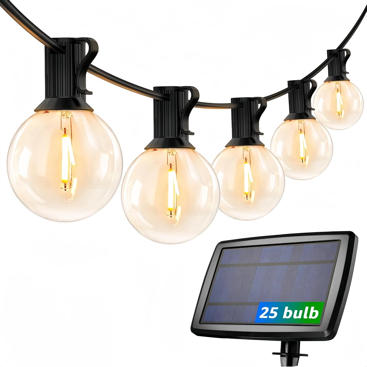 Solar Outdoor String Lights Patio Bistro Lights, 25ft 26 LED G40 Bulbs, USB Rechargeable Portable Edison Café String Lights for Porch, Pergola, Backyard, Garden, Pool, Party, Camping, 3600mAh