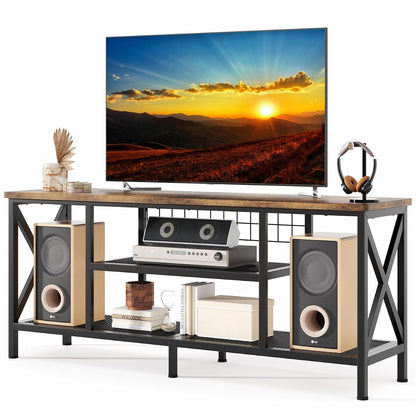59.8" Industrial TV Stand for 55-65 Inch TVs, Rustic Brown, 3-Tier Media Entertainment Center with Open Shelves, Metal Frame, Sofa Table for Living Room, Bedroom, Office