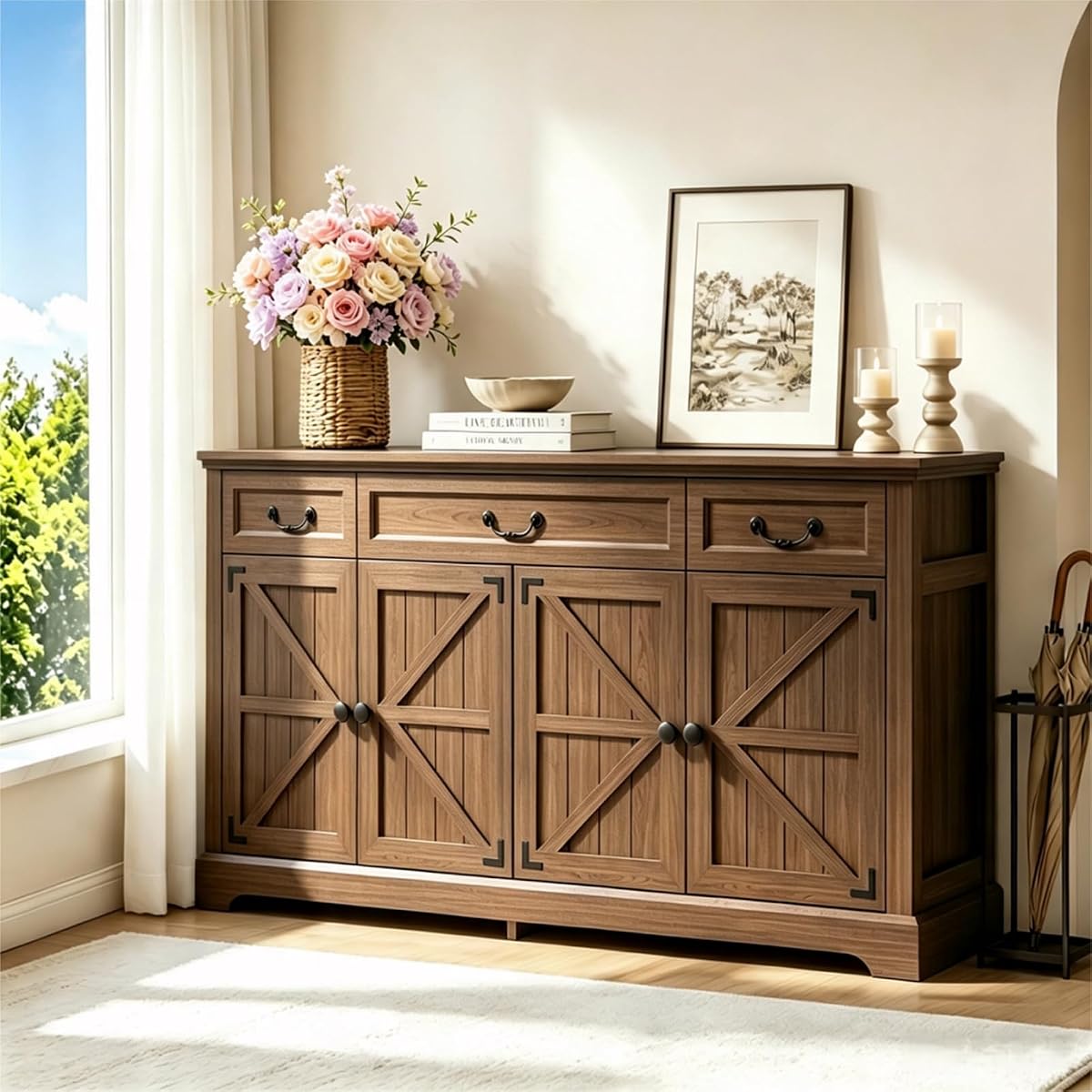 Premium Farmhouse 3 Drawers 4 Doors Sideboard Buffet Cabinet with Storage