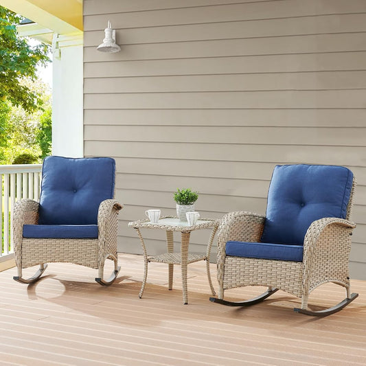 Outdoor Rocking Chairs Set of 2, Wicker Rocker Rocking Chairs for Porch, 3 Pieces Patio Furniture Sets Rocking Bistro Set with Cushions and Side Table