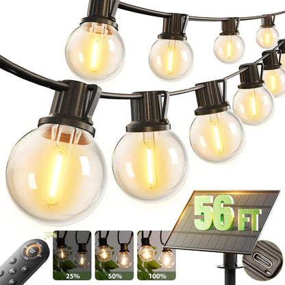 56FT(50+6) Solar String Lights Outdoor with Remote, 27 Shatterproof G40 Bulbs, Solar Powered & USB Charging Patio Lights, Dimmable Waterproof Solar String Lights for Outside, Camping, Backyard