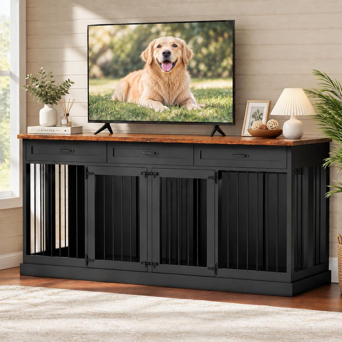 71" Double Dog Crate Furniture TV Stand with Removable Divider & 3 Drawers