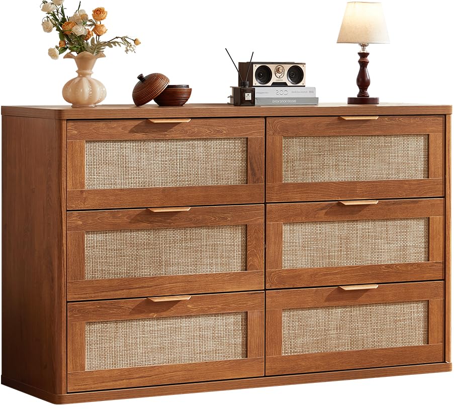 Rattan 6 Drawer Dresser for Bedroom, Boho 48" Wide Wooden Dark Dresser Chest of Drawers, Dressers TV Stand with Metal Handle, Storage Dressers Closet Organizer for Living Room, Hallway