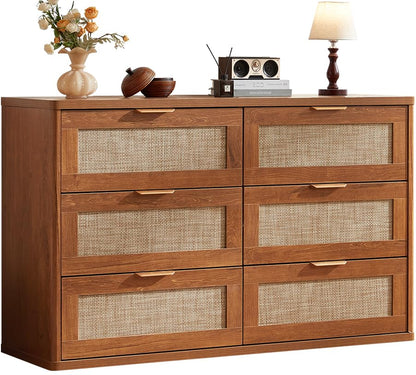 Rattan 6 Drawer Dresser for Bedroom, Boho 48" Wide Wooden Dark Dresser Chest of Drawers, Dressers TV Stand with Metal Handle, Storage Dressers Closet Organizer for Living Room, Hallway