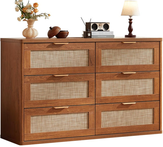 Rattan 6 Drawer Dresser for Bedroom, Boho 48" Wide Wooden Dark Dresser Chest of Drawers, Dressers TV Stand with Metal Handle, Storage Dressers Closet Organizer for Living Room, Hallway
