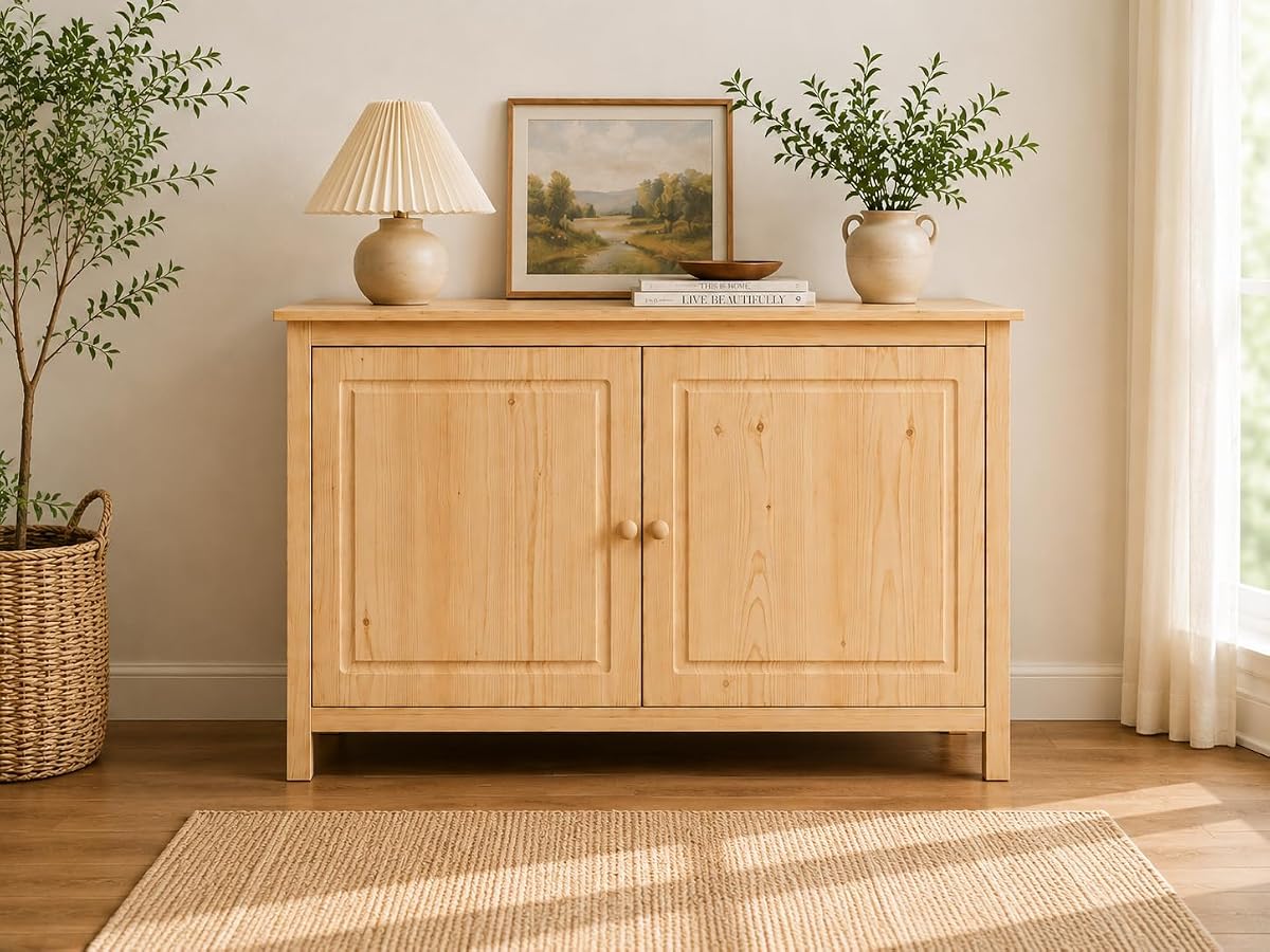 44" Wide Solid Pine Shaker Sideboard Buffet Cabinet — Natural Unfinished — 2
