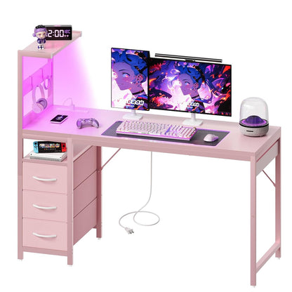 48 Inch Gaming Computer Desk with Led Lights, Small Desk with Storage Shelves and Drawers, Reversible Compact Gamer Table for Home Office, Carbon Fiber Pink