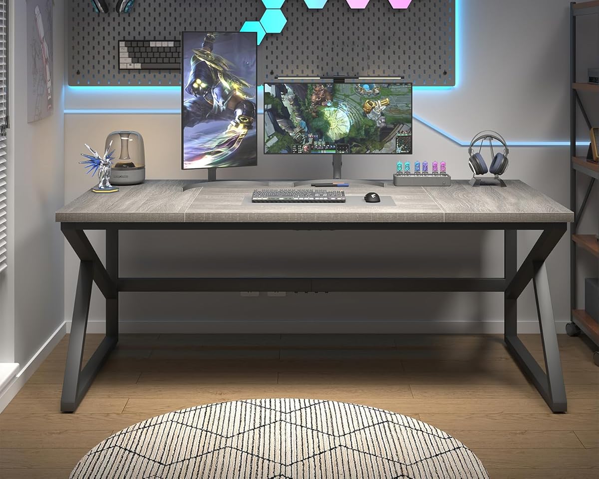70 Inch Long Grey Desk, Large Home Office Computer Desk for 2 People, Industrial Wood and Metal Executive Work Writing Study Gaming Desk Table, Modern Bedroom Simple PC Laptop Desk Double Desk