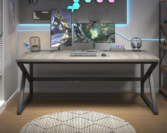 70 Inch Long Grey Desk, Large Home Office Computer Desk for 2 People, Industrial Wood and Metal Executive Work Writing Study Gaming Desk Table, Modern Bedroom Simple PC Laptop Desk Double Desk