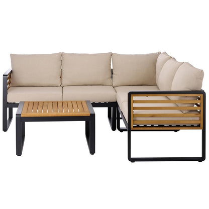 SAFAVIEH Outdoor Patio Furniture Collection - Baker Corner Set, Black & Taupe, Steel Frame with Acacia Wood Accents, Cushioned Modern Sectional Sofa with Table for Patio, Deck, or Backyard (PAT7757A)