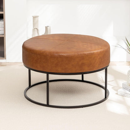 Modern Round Coffee Table, Farmhouse Ottoman for Living Room, Large Vintage Faux Leather Coffee Tables with Leather Upholstered Padded Seat [Round, Vintage Brown, 30'']
