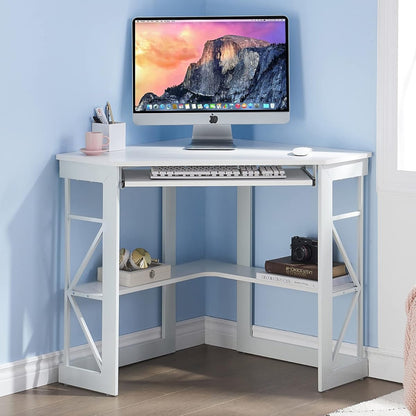 Corner Desk Computer Desk Writing Table with Smooth Keyboard Tray & Storage Shelves,Compact Home Office Triangle Table,White