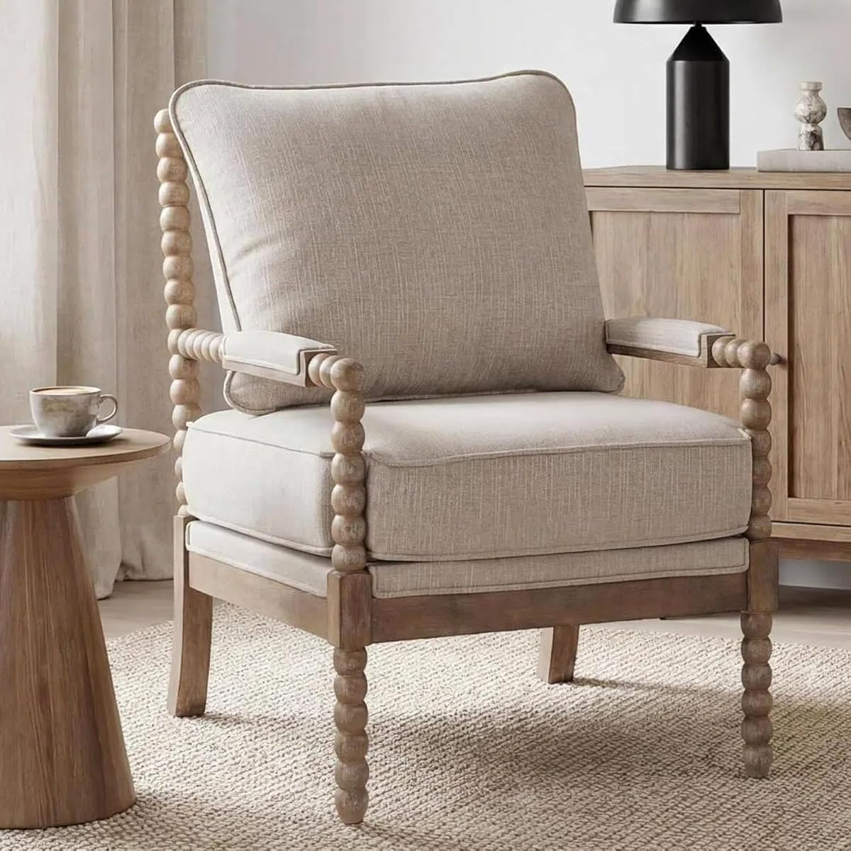 Linen Fabric Spindle Accent Chair with Wood Frame,Modern Accent Chairs with Padded Spring Seat and Brushed White Base for Living Room Bedroom Farmhouse Home Office Belcony