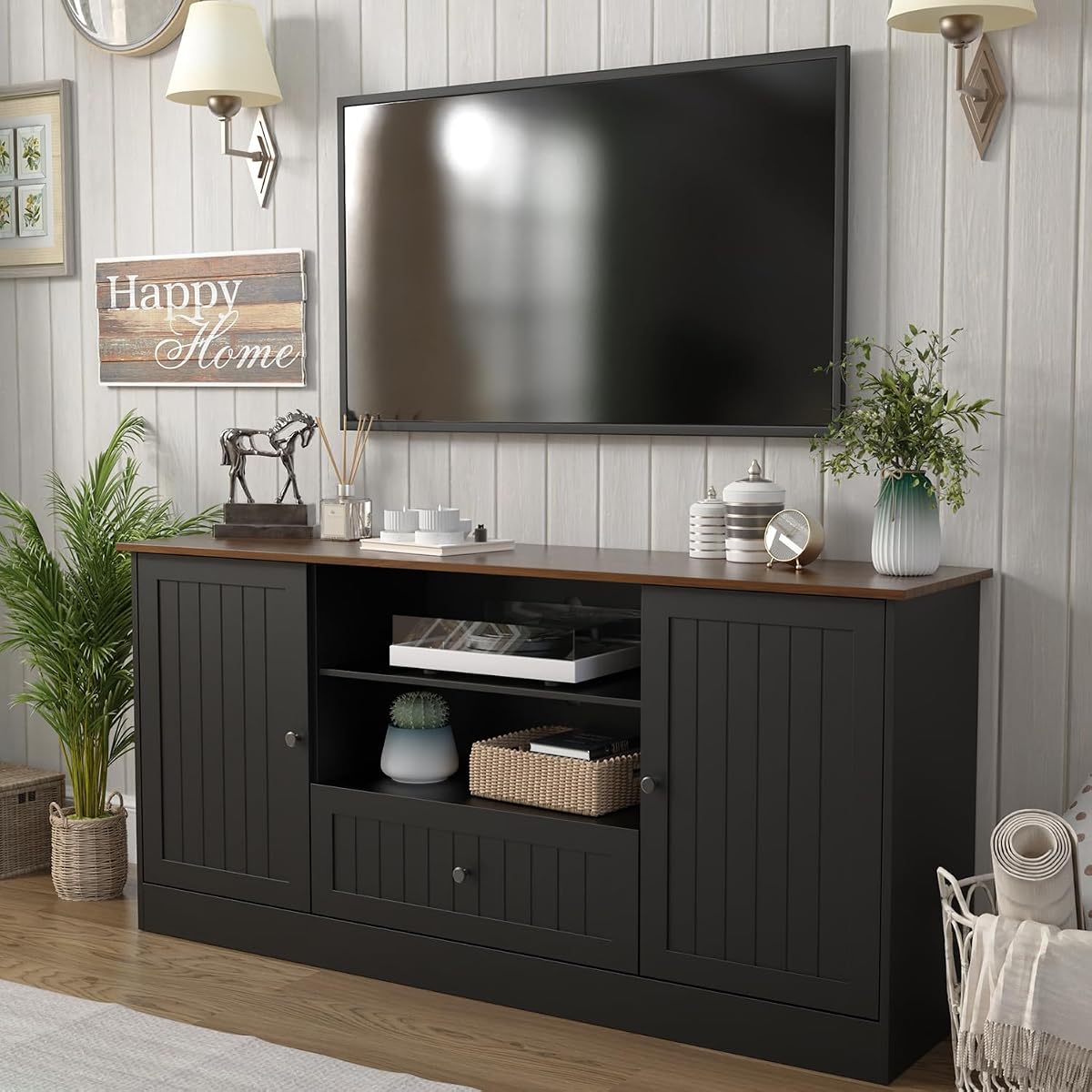 63 in Farmhouse TV Stand with Door for TVs up to 70", Black