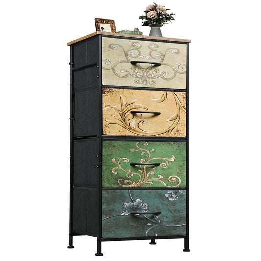 Dresser with 4 Drawers, Storage Tower, Organizer Unit, Fabric Dresser for Bedroom, Hallway, Entryway, Closets, Vintage Furniture with Sturdy Steel Frame, Wood Top, Pull Handle, Floral Painted
