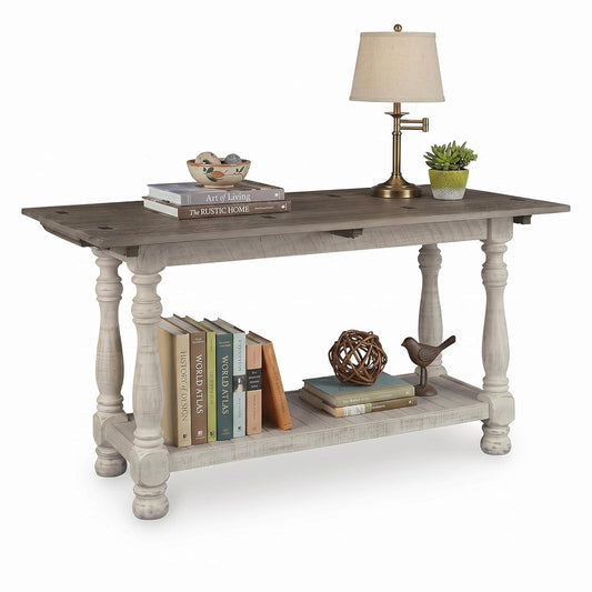 Signature Design by Ashley Havalance Farmhouse Sofa Table, Flip Top Design for Additional Dining Space and Fixed Lower Shelf, Gray & White with Weathered Finish