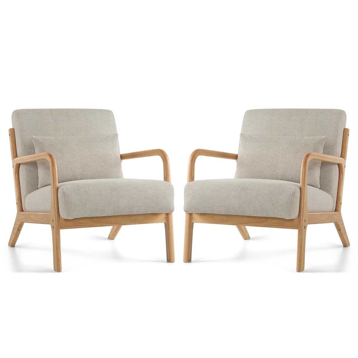 Mid Century Modern Accent Chair Set of 2, Upholstered Chair for Living Room, Accent Chair with Lumbar Pillow Solid Wood Frame Reading Chair Armchair for Bedroom Small Spaces, Grey