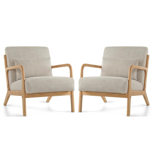 Mid Century Modern Accent Chair Set of 2, Upholstered Chair for Living Room, Accent Chair with Lumbar Pillow Solid Wood Frame Reading Chair Armchair for Bedroom Small Spaces, Grey