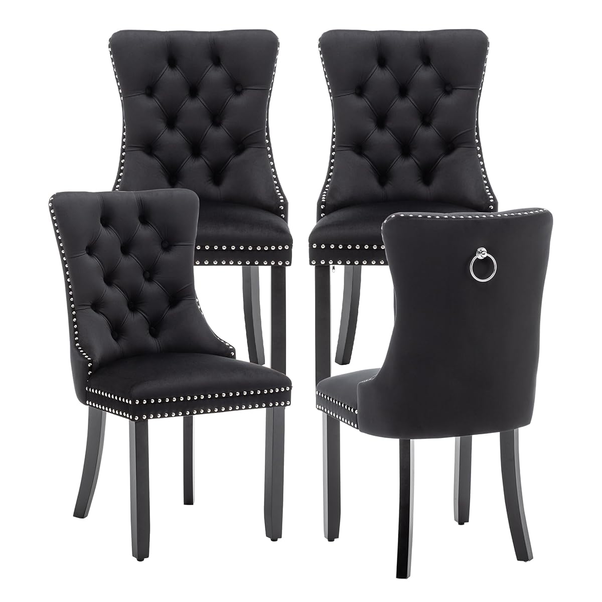 Velvet Dining Chairs Set of 4, Upholstered Dining Room Chairs with Ring Pull Trim and Button Back, Luxury Tufted Dining Chairs for Living Room, Bedroom, Kitchen (Black)