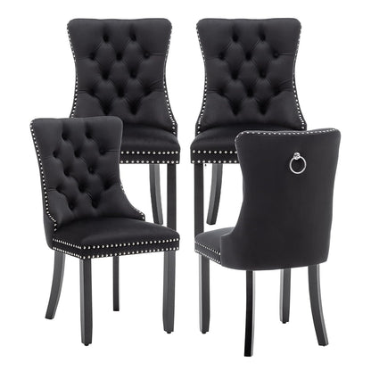Velvet Dining Chairs Set of 4, Upholstered Dining Room Chairs with Ring Pull Trim and Button Back, Luxury Tufted Dining Chairs for Living Room, Bedroom, Kitchen (Black)