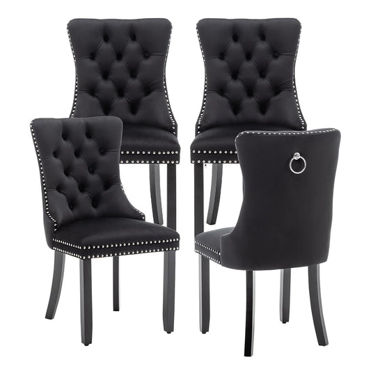 Velvet Dining Chairs Set of 4, Upholstered Dining Room Chairs with Ring Pull Trim and Button Back, Luxury Tufted Dining Chairs for Living Room, Bedroom, Kitchen (Black)