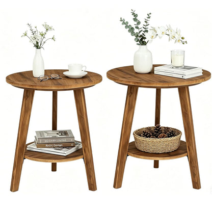 Tribesigns Solid Wood Round Side Table Set of 2, 2-Tier Farmhouse End Table with Storage Shelf, Nightstand for Living Room, Bedroom, Easy Assembly (2, Brown)