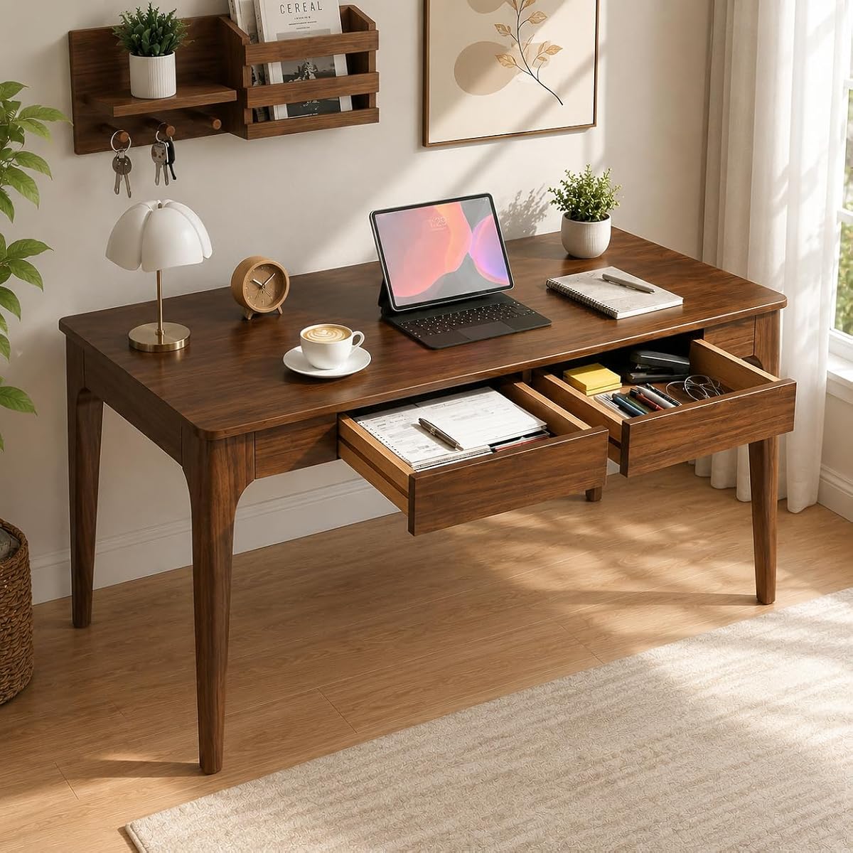 47" Solid Wood Desk, Office Executive Desk w/ 2 Drawers, Walnut