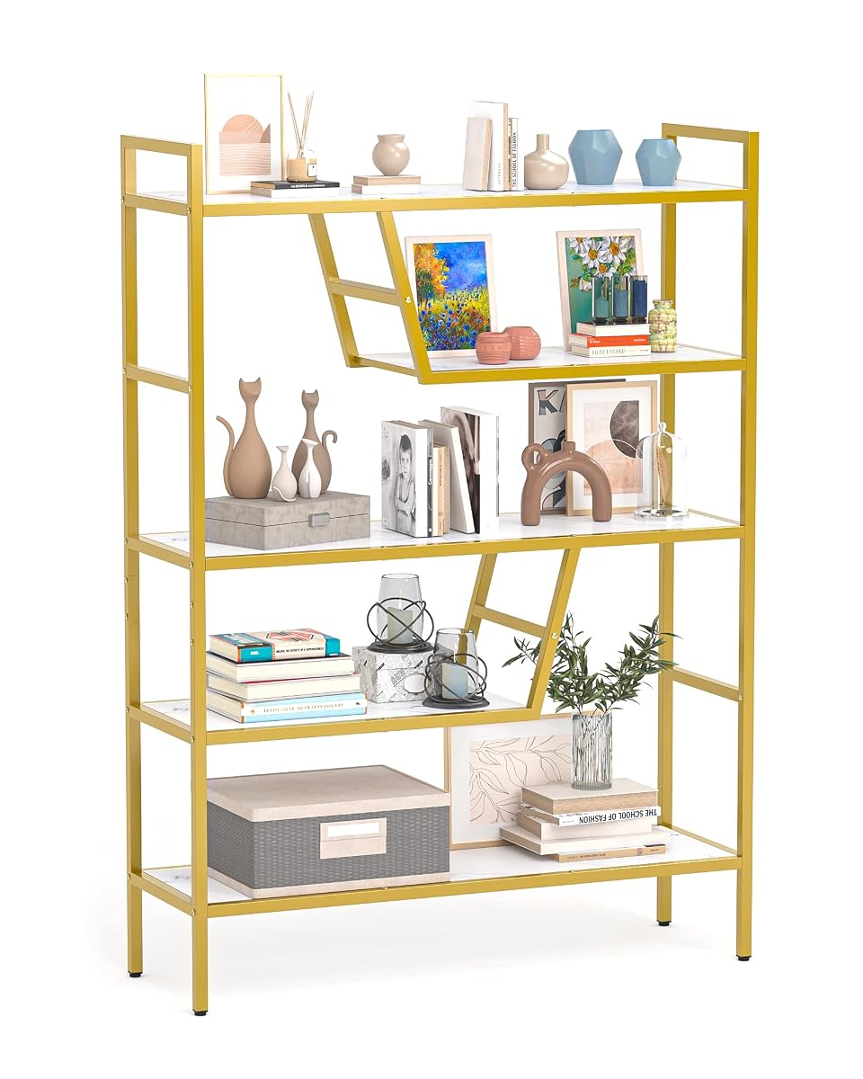 5-Tier Adjustable Bookshelf Wood Bookcase with Metal Frame Book Shelf Organizer for Living Room/Bedroom/Study Room,46 Variants