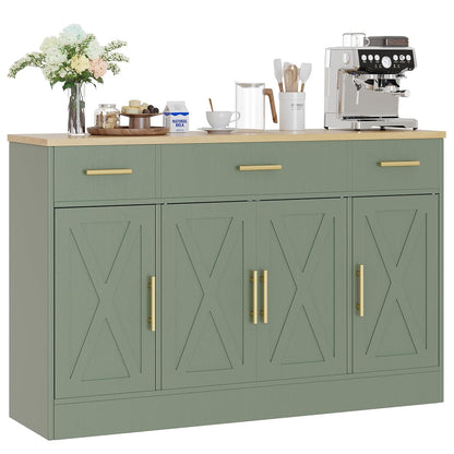 Buffet Cabinet with Storage,53.4" Large Kitchen Storage Cabinet with 3 Drawers and 4 Doors,Wood Farmhouse Buffet Sideboard with Adjustable Shelf for Kitchen Living Room, Green